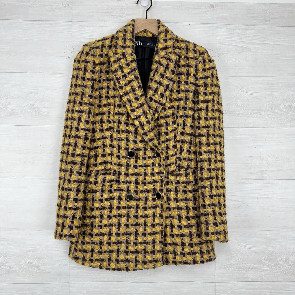 Zara Tweed Double Breasted Textured Weave Blazer‎ Jacket Size XS Yellow Academia